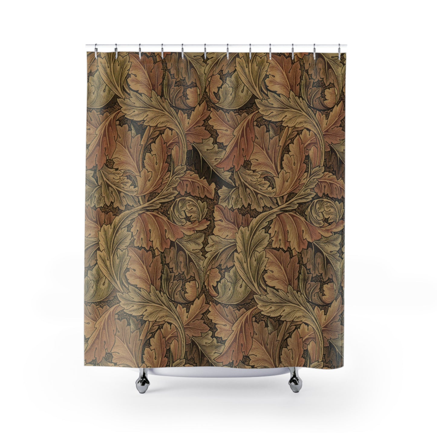 Shower curtain with intricate leaf pattern on a white background
