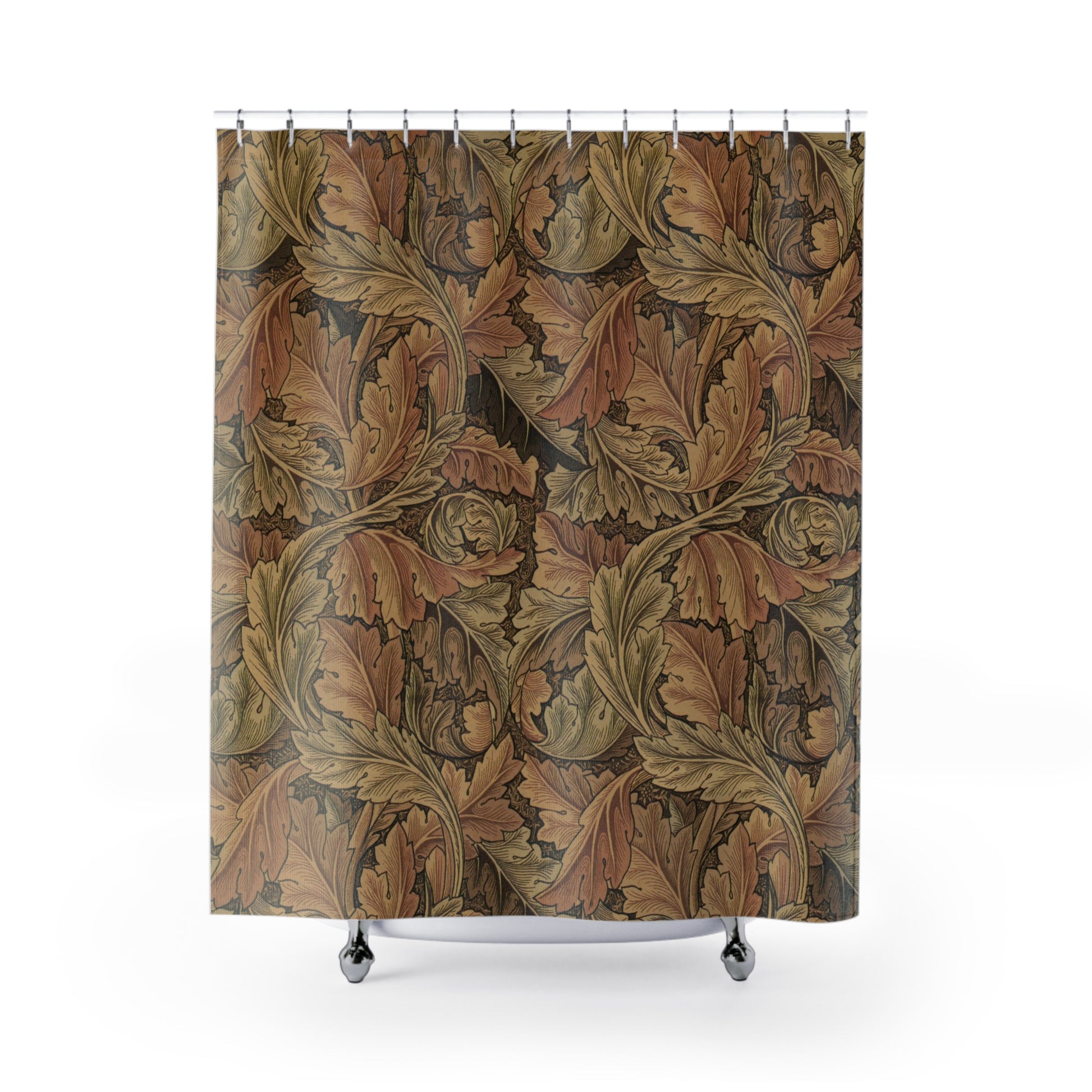 Shower curtain with intricate leaf pattern on a white background