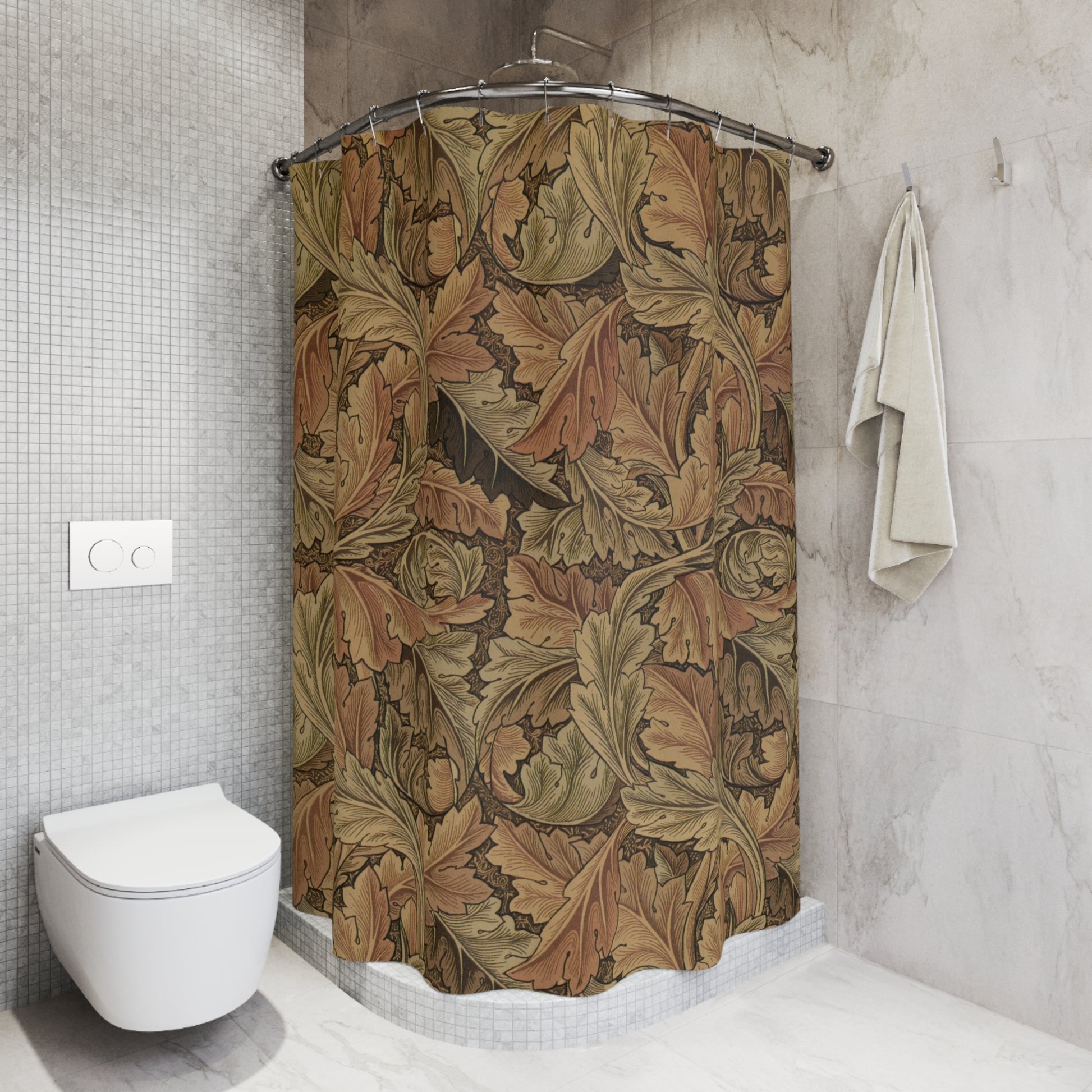 Bathroom with a floral-patterned shower curtain and a white toilet.