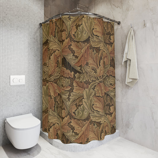 Bathroom with a floral-patterned shower curtain and a white toilet.