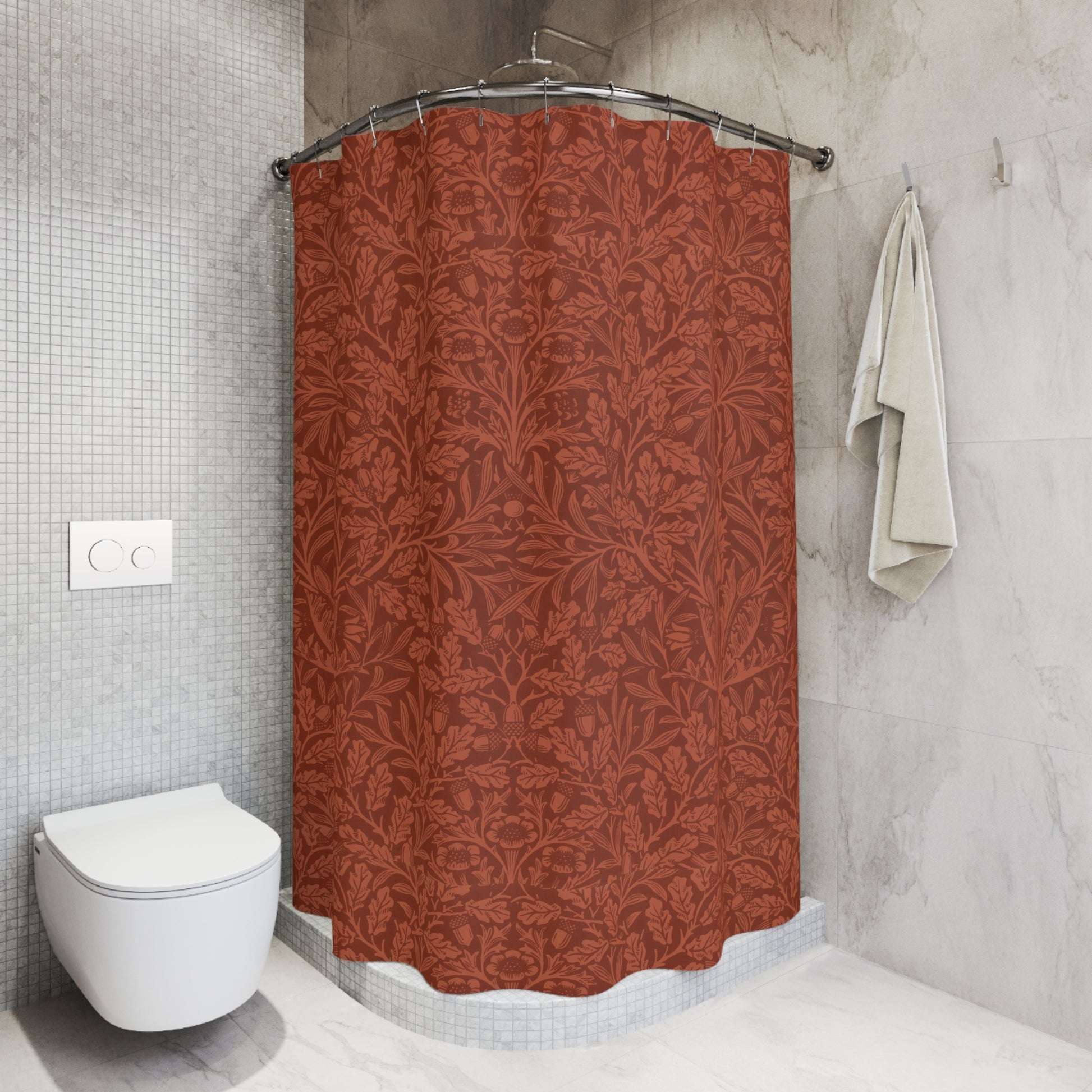Bathroom with a patterned shower curtain and a white toilet.