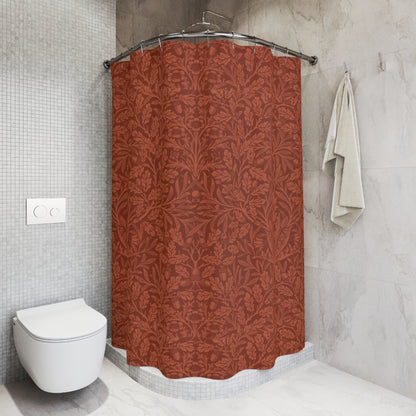 Bathroom with a patterned shower curtain and a white toilet.