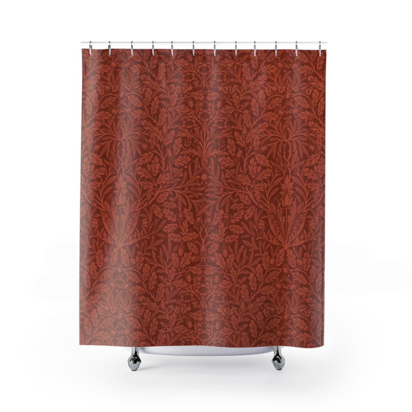 Red patterned shower curtain on a white background