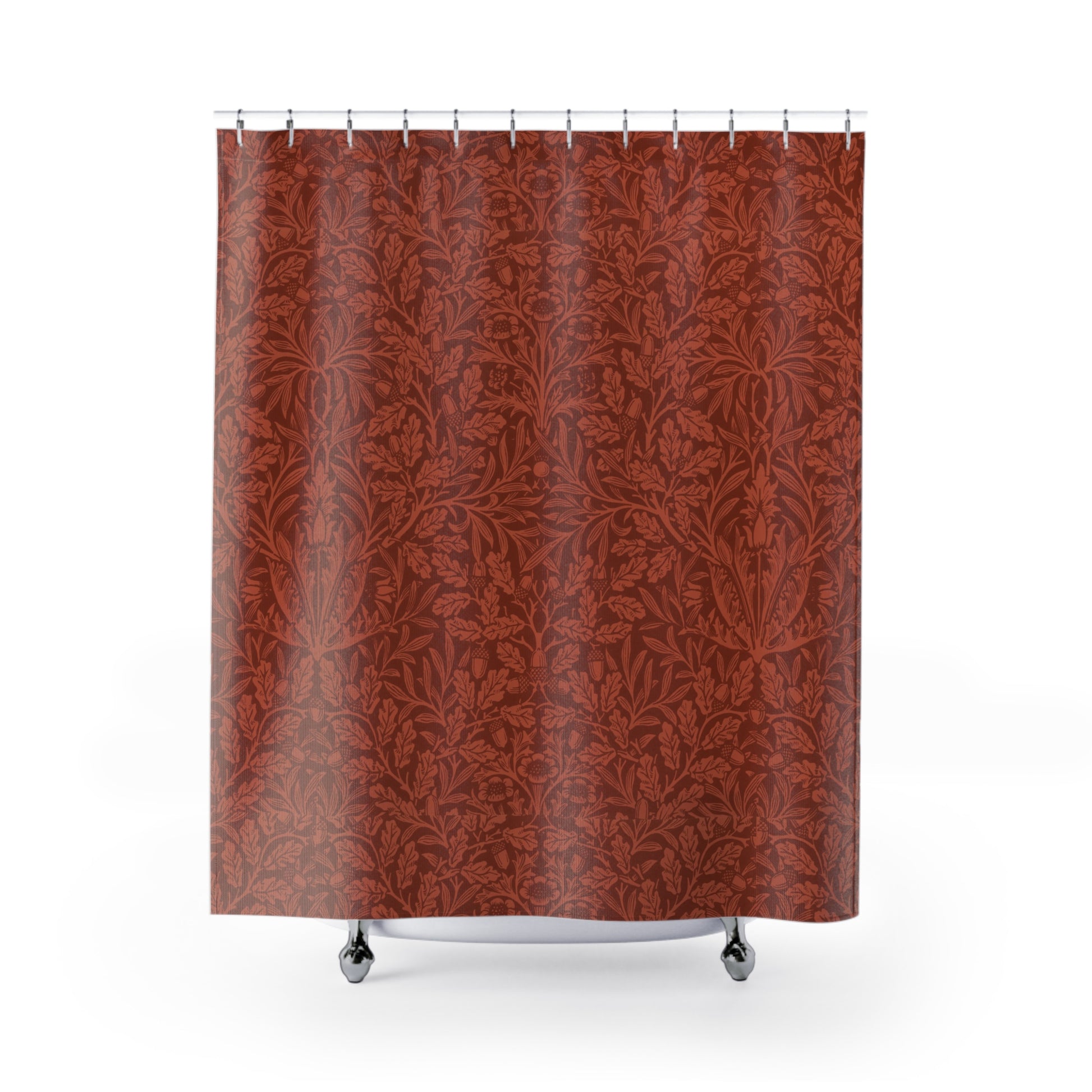 Red patterned shower curtain on a white background