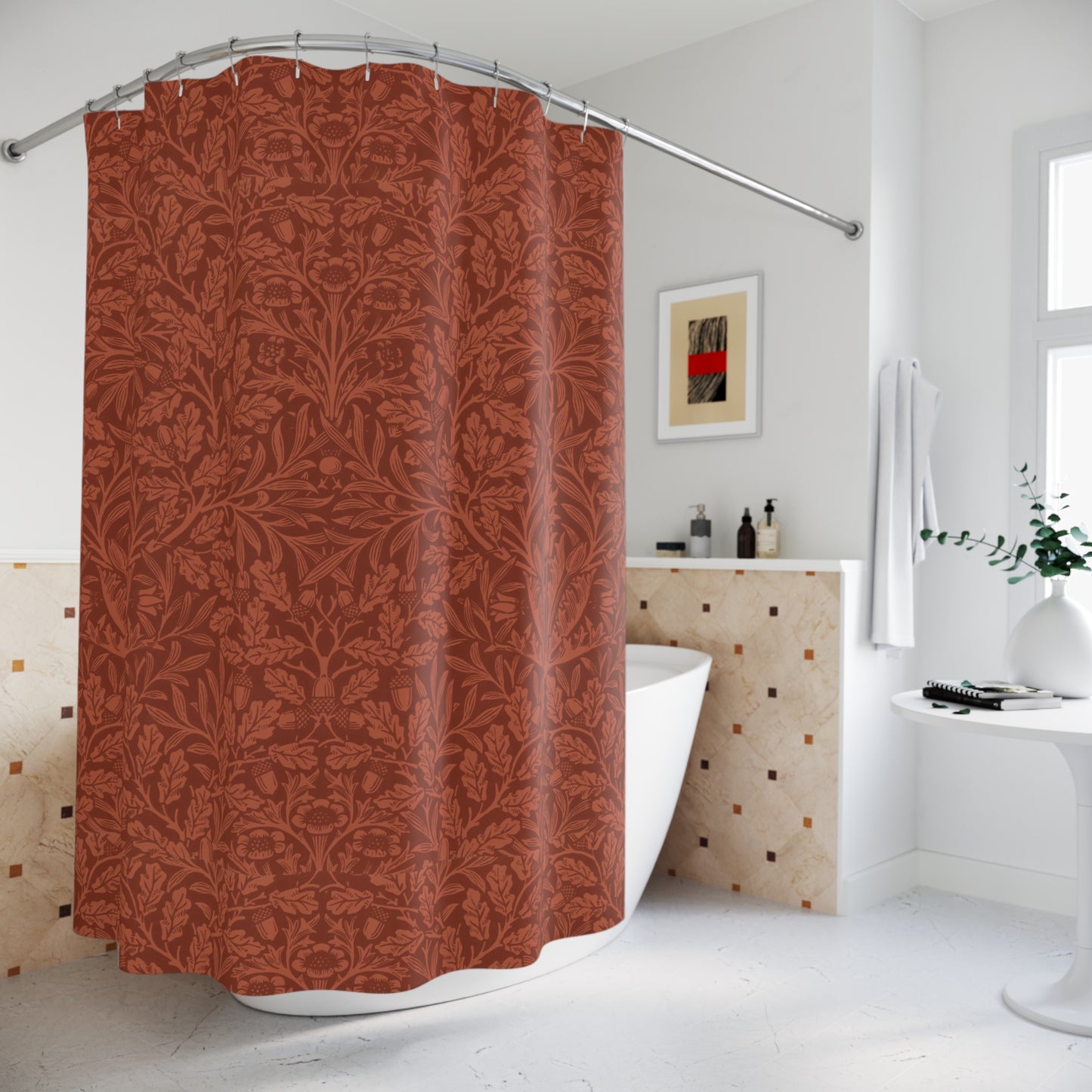 Patterned red shower curtain in a bathroom setting with a bathtub and decorative elements.