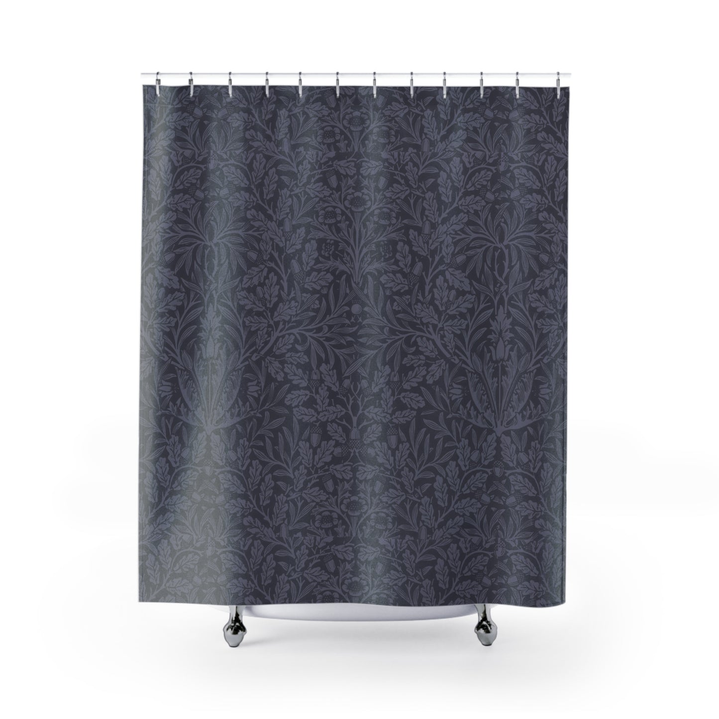 Dark gray floral patterned shower curtain on a white background