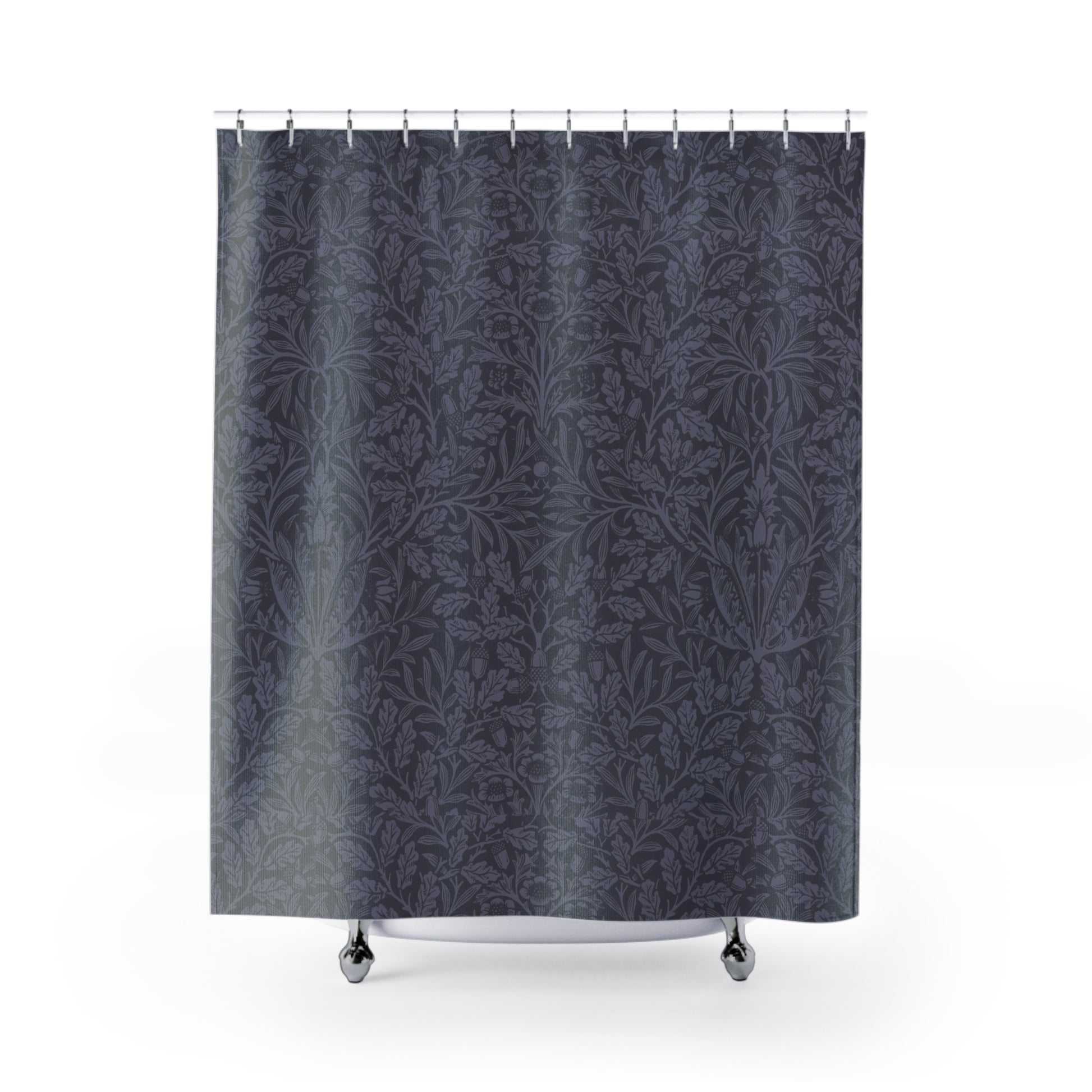 Dark gray floral patterned shower curtain on a white background