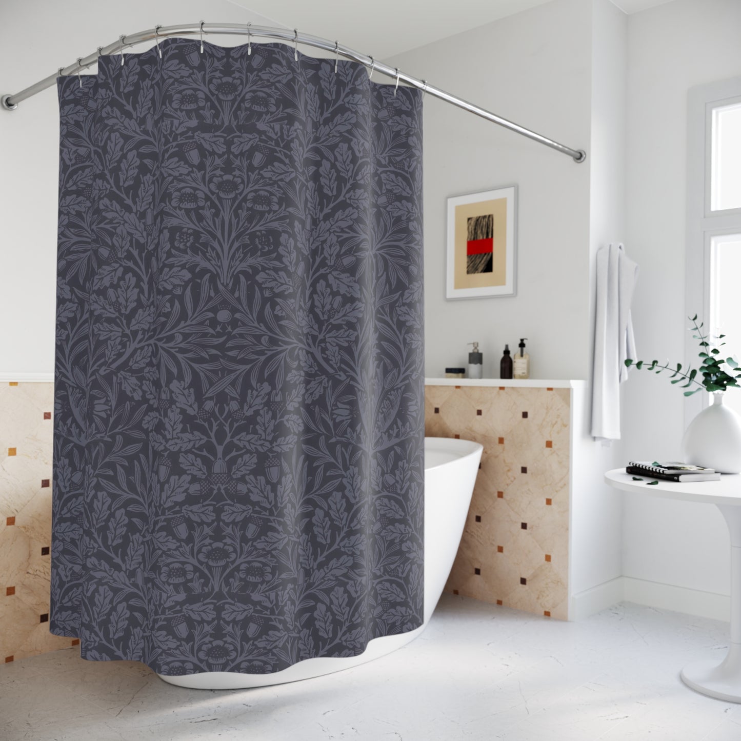 Gray patterned shower curtain in a bathroom setting with a bathtub and decorative elements.