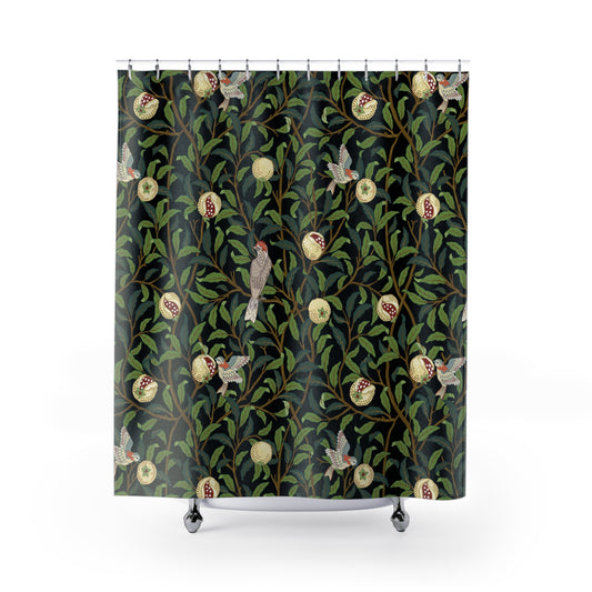 Shower curtain with nature-themed design featuring birds, flowers, and leaves on a dark background.
