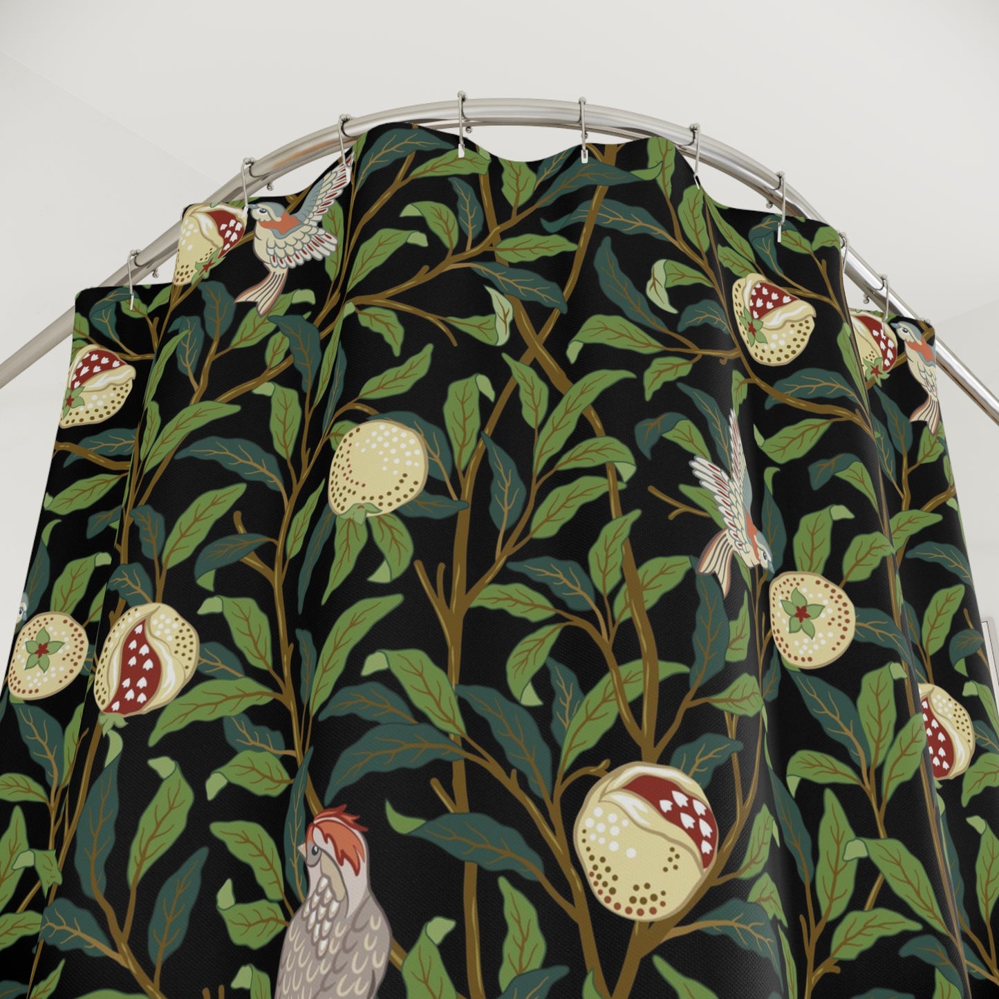 Fabric with nature-themed design featuring leaves, birds, and flowers on a black background.