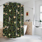 Shower curtain with nature-themed design in a bathroom setting