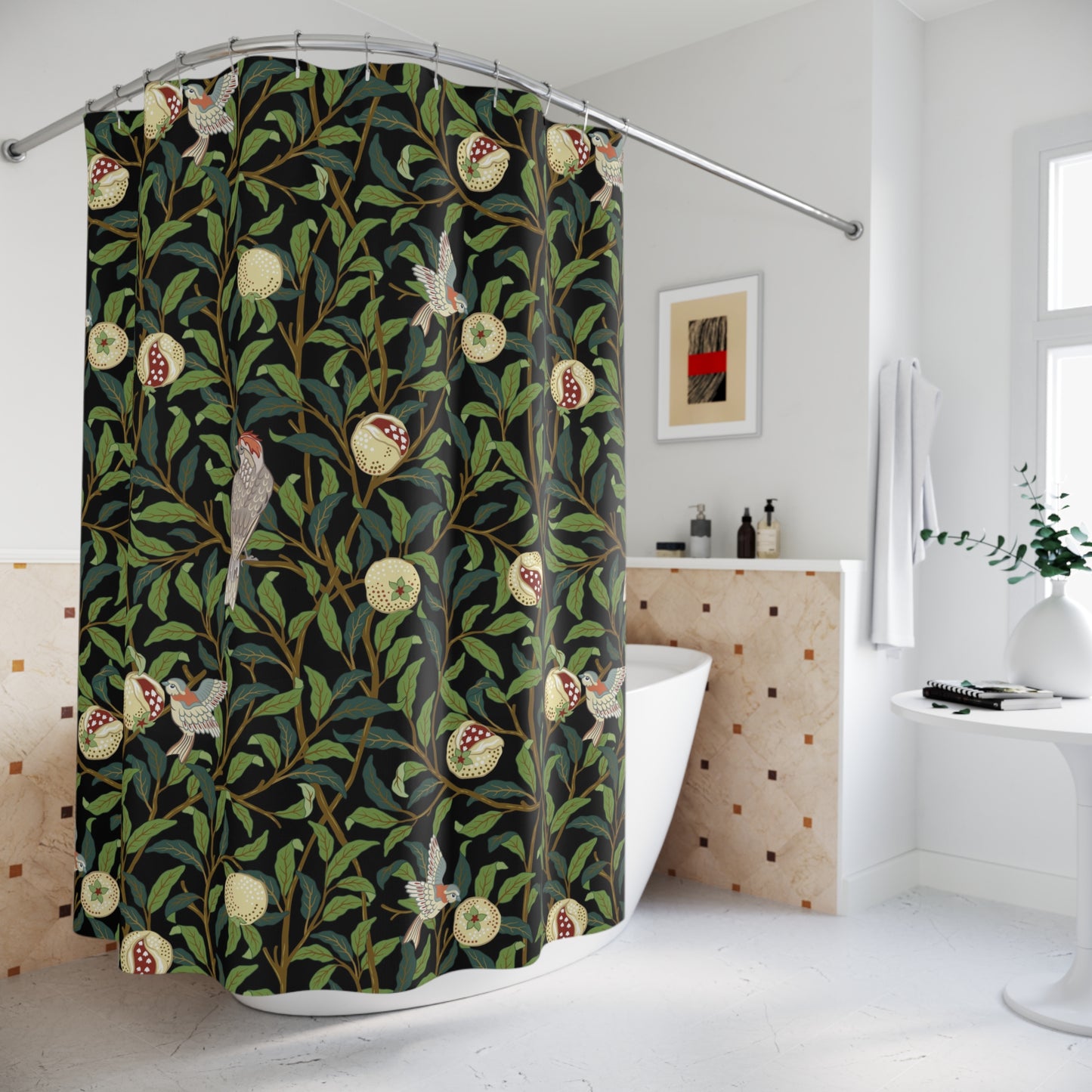 Shower curtain with nature-themed design in a bathroom setting
