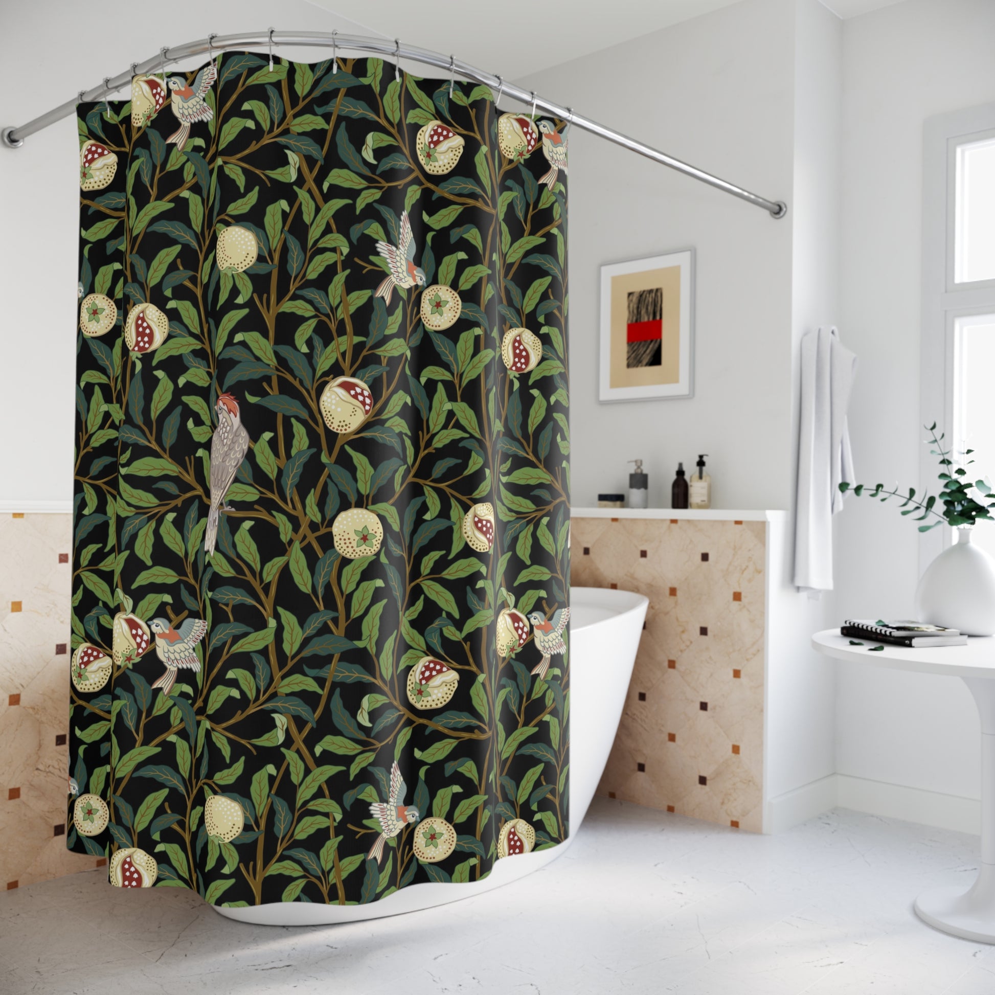 Shower curtain with nature-themed design in a bathroom setting