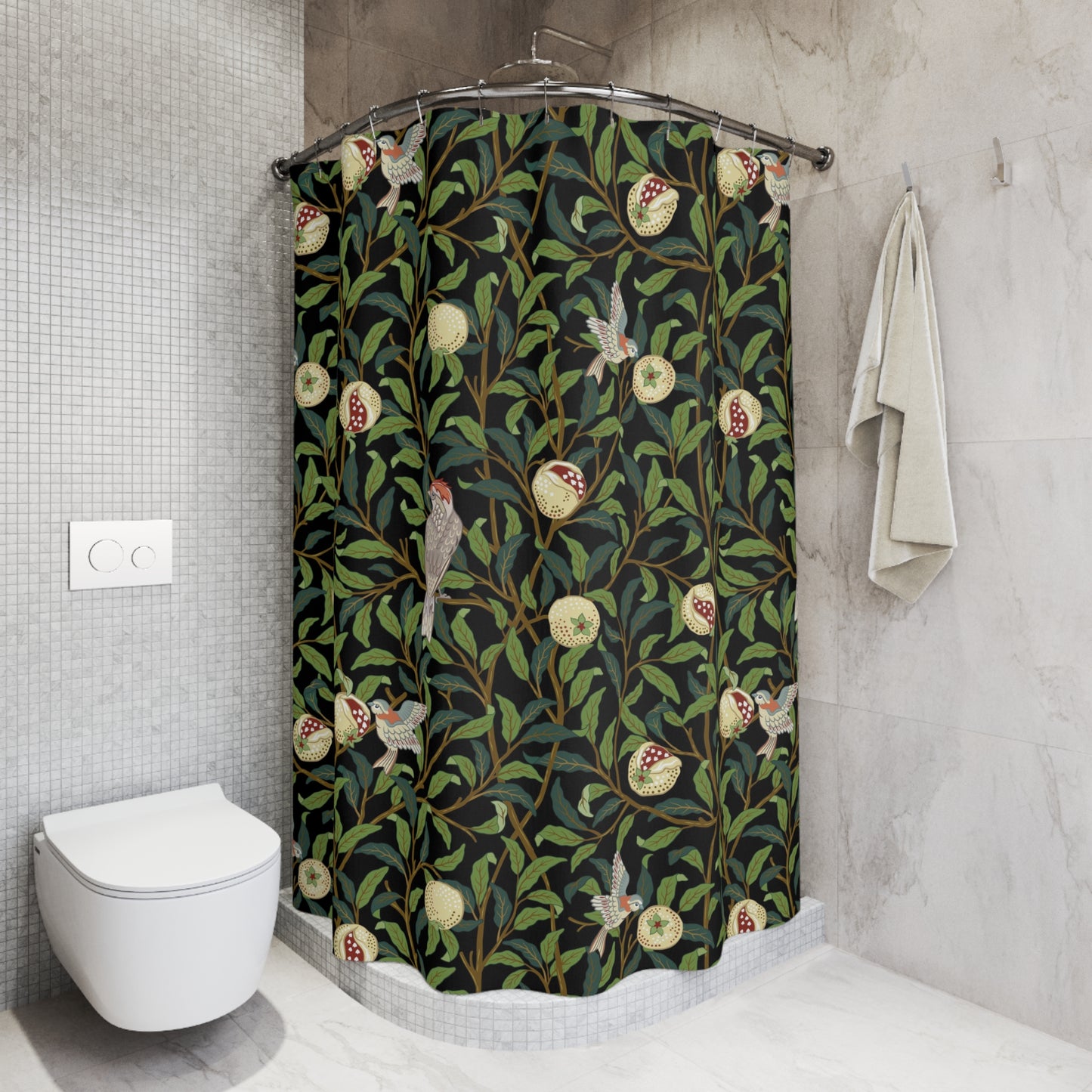 Shower curtain with nature-themed design in a bathroom setting