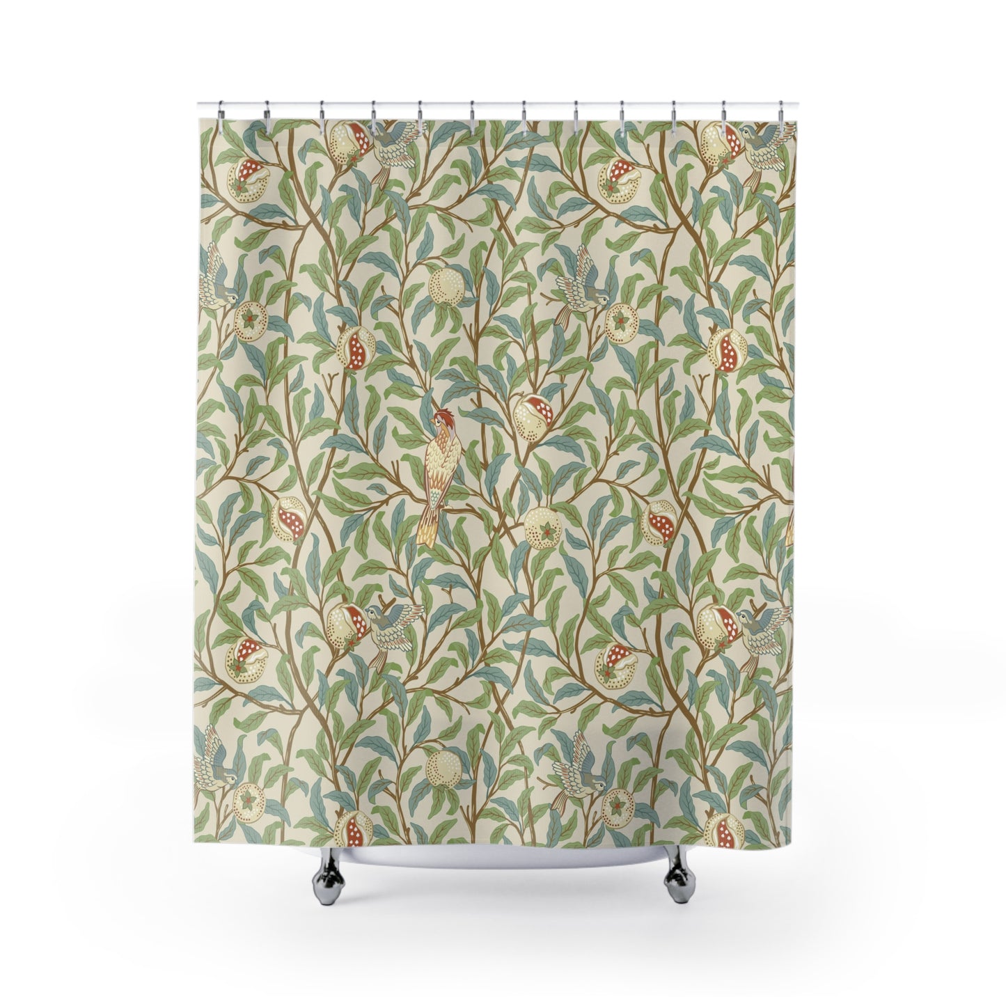 Shower curtain with nature-themed design on a white background
