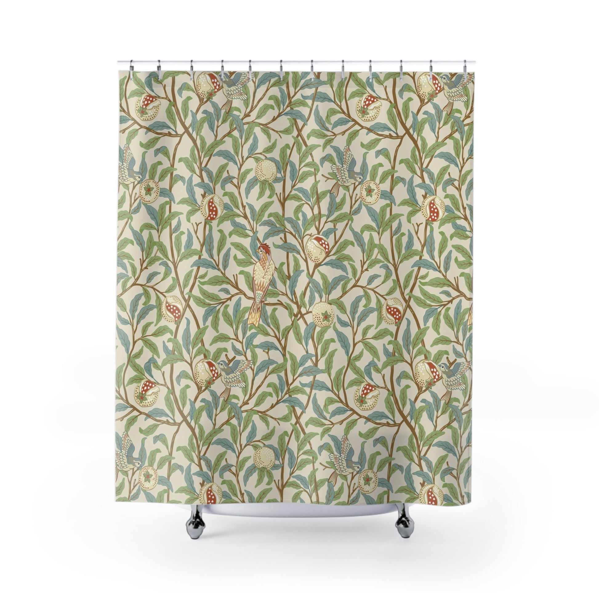 Shower curtain with nature-themed design on a white background