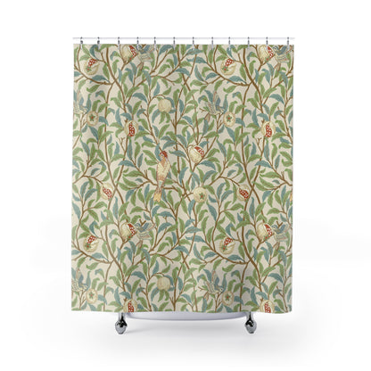 Shower curtain with nature-themed design on a white background