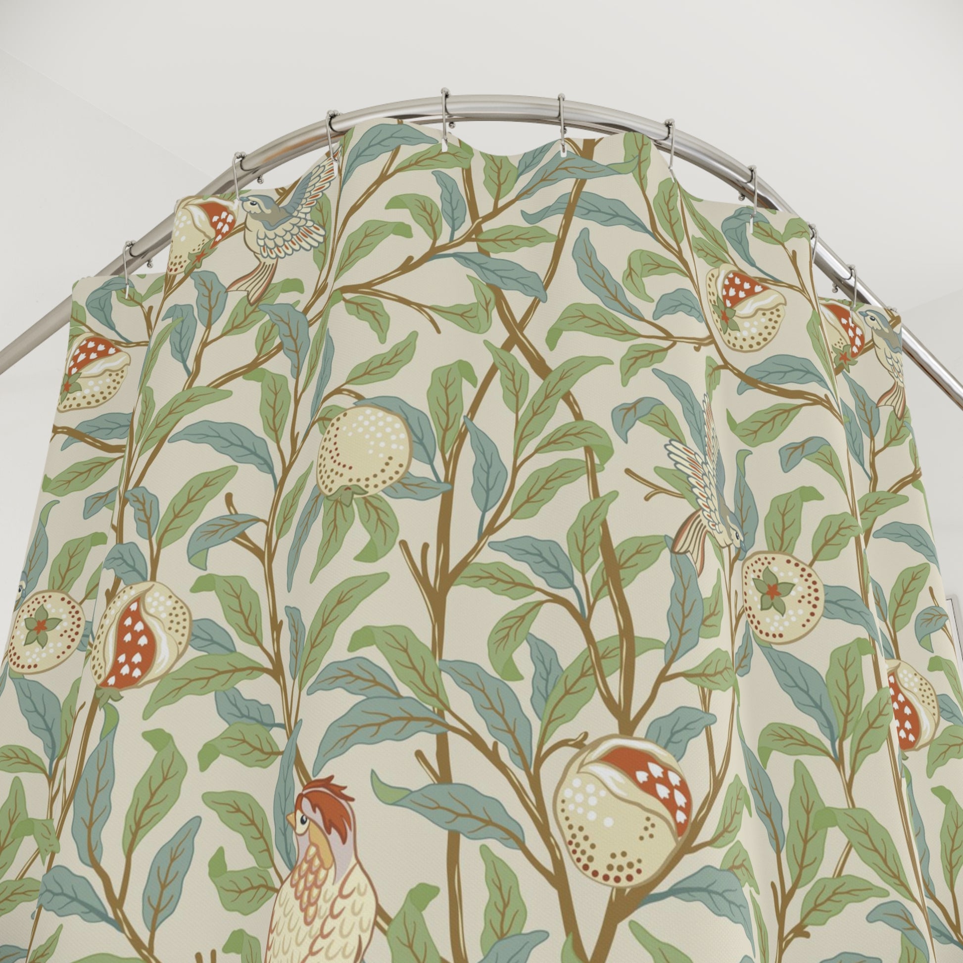 Fabric with nature-themed design featuring birds and pomegranates on a circular rod.