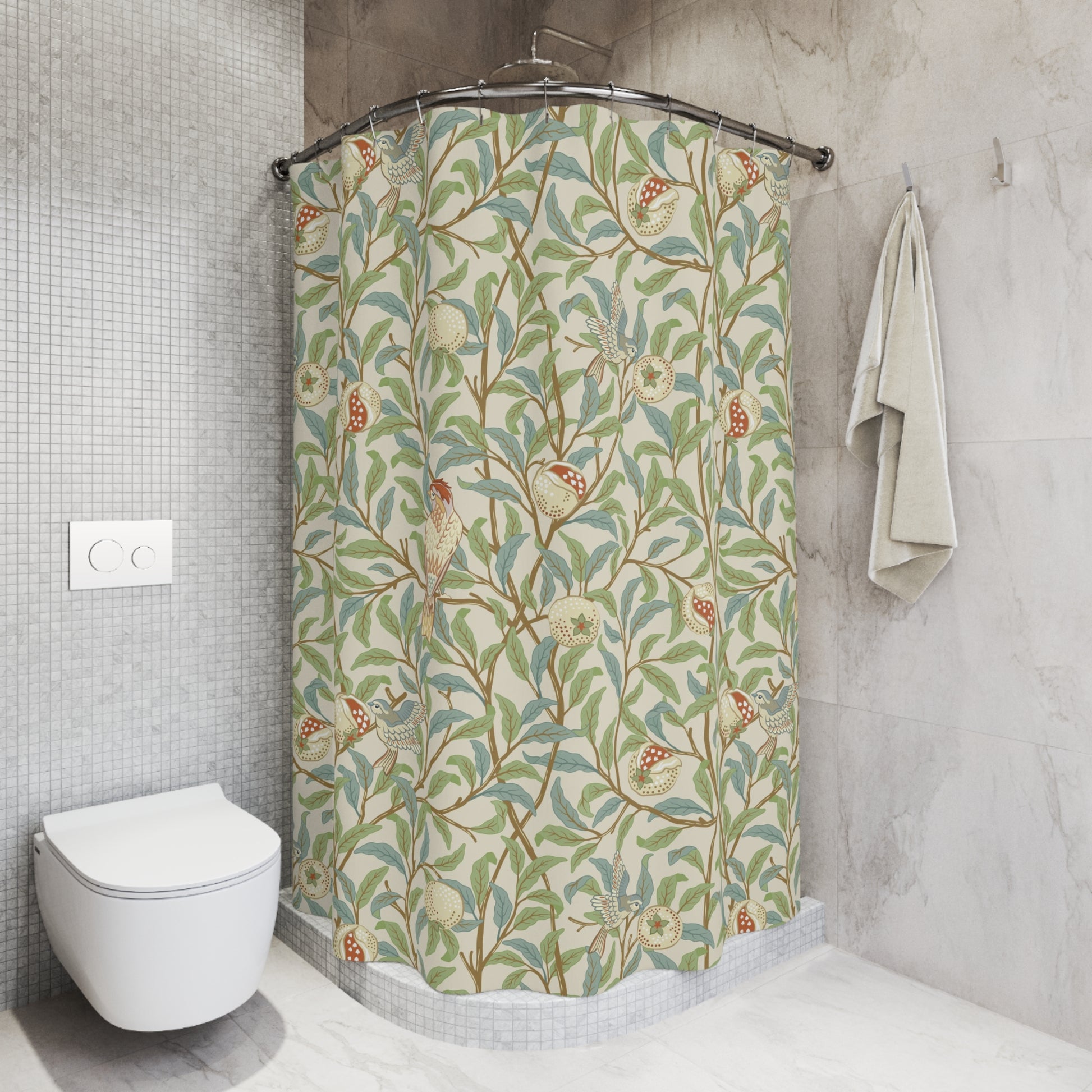 Bathroom with a floral-patterned shower curtain and a white toilet.