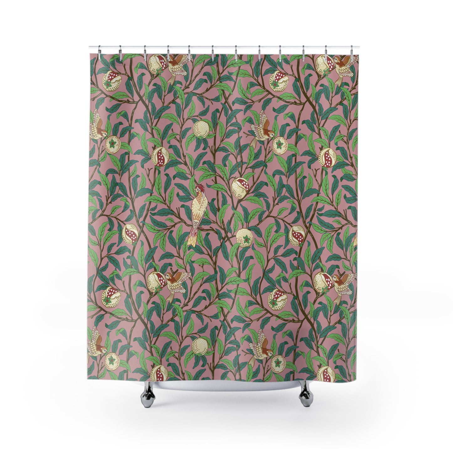 Shower curtain with floral and bird pattern on a pink background