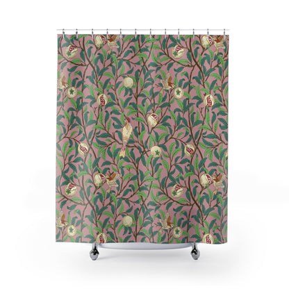 Shower curtain with floral and bird pattern on a pink background