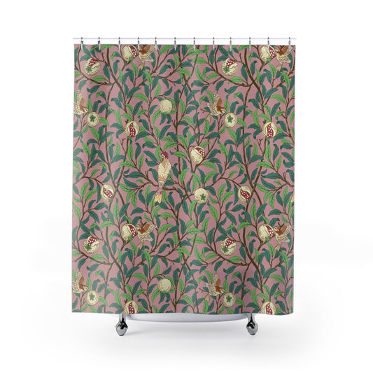 Shower curtain with floral and bird pattern on a pink background