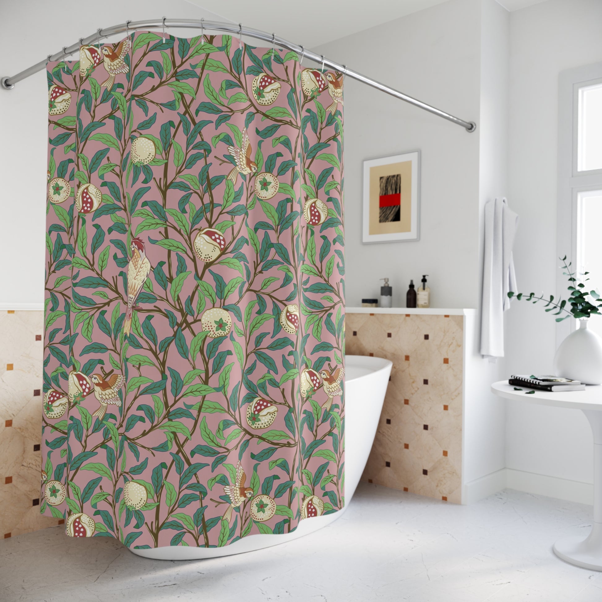 Shower curtain with floral pattern in a bathroom setting