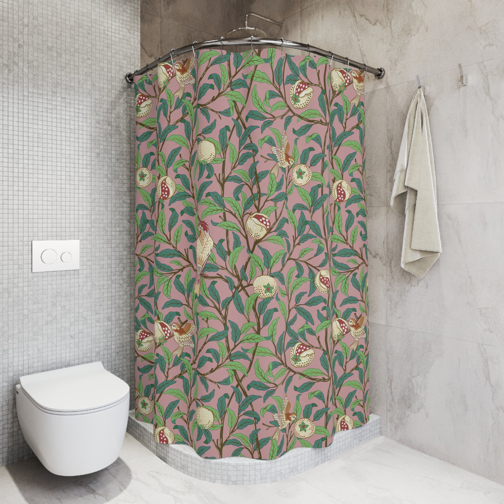 Shower curtain with floral pattern in a bathroom setting