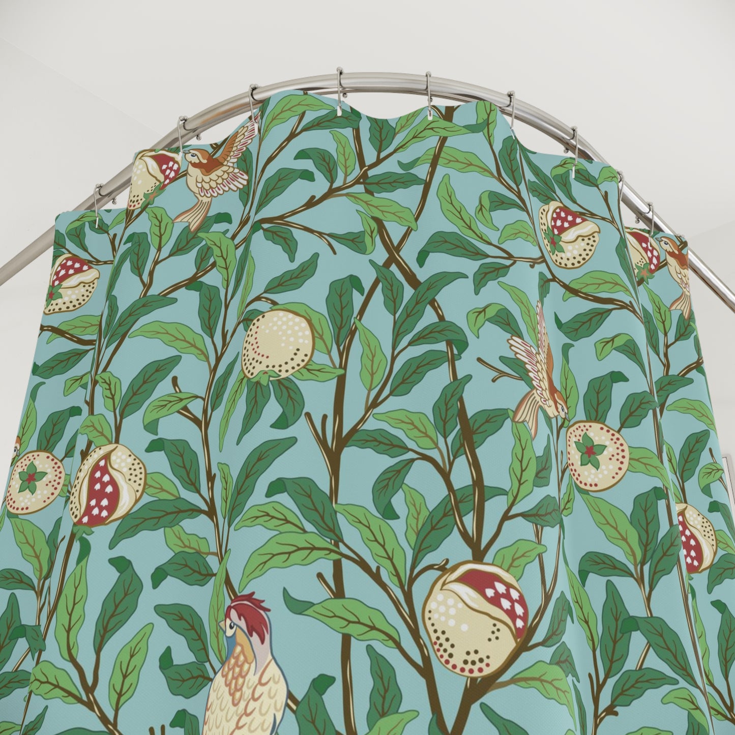 PVC shower curtain with bird and fruit pattern on a white background