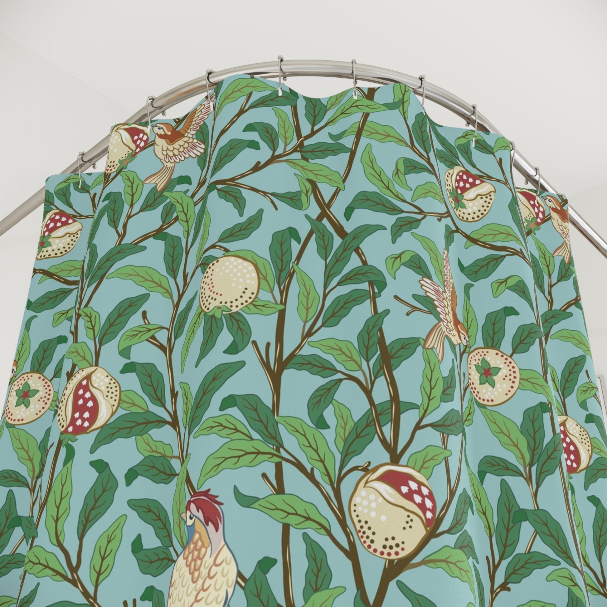 PVC shower curtain with bird and fruit pattern on a white background