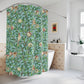 Shower curtain with nature-themed design in a bathroom setting
