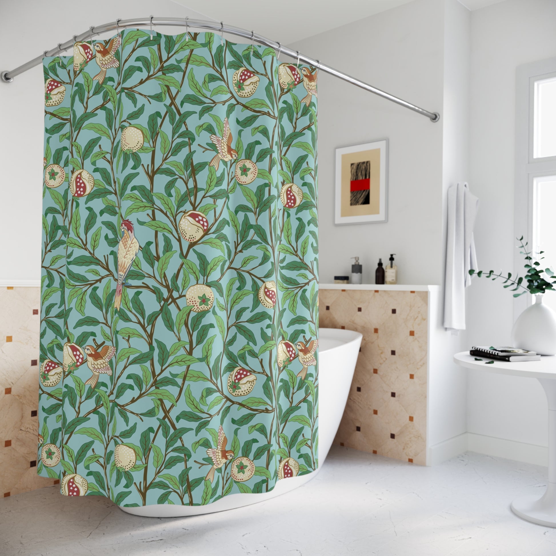 Shower curtain with nature-themed design in a bathroom setting