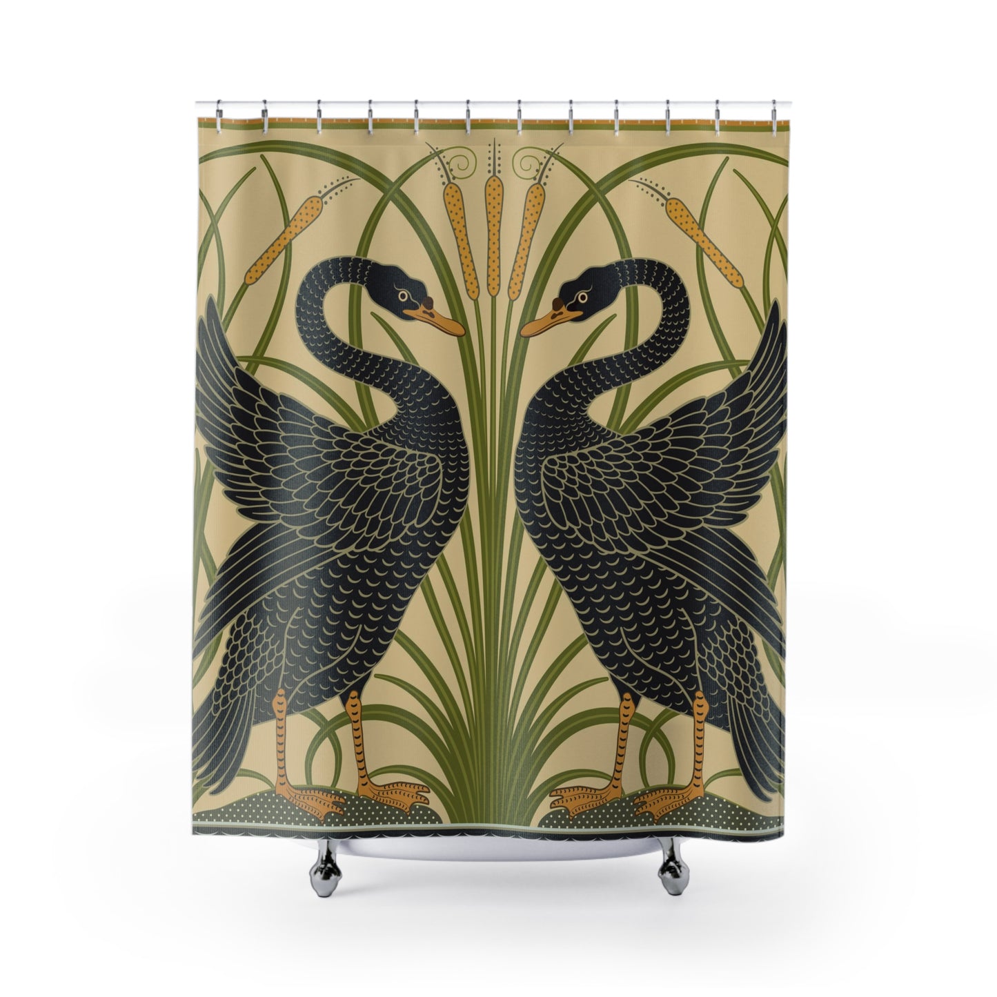 Shower curtain with black swan design on a beige background