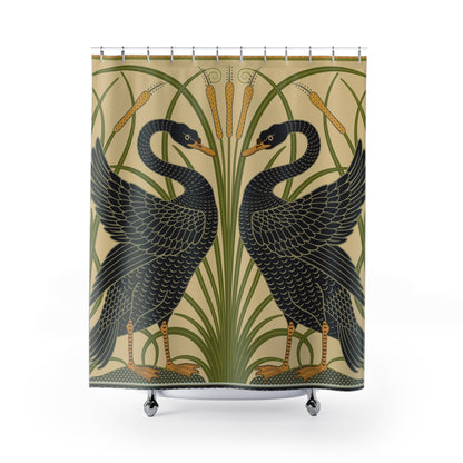Shower curtain with black swan design on a beige background