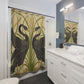 Bathroom with a decorative shower curtain featuring two geese and reeds.