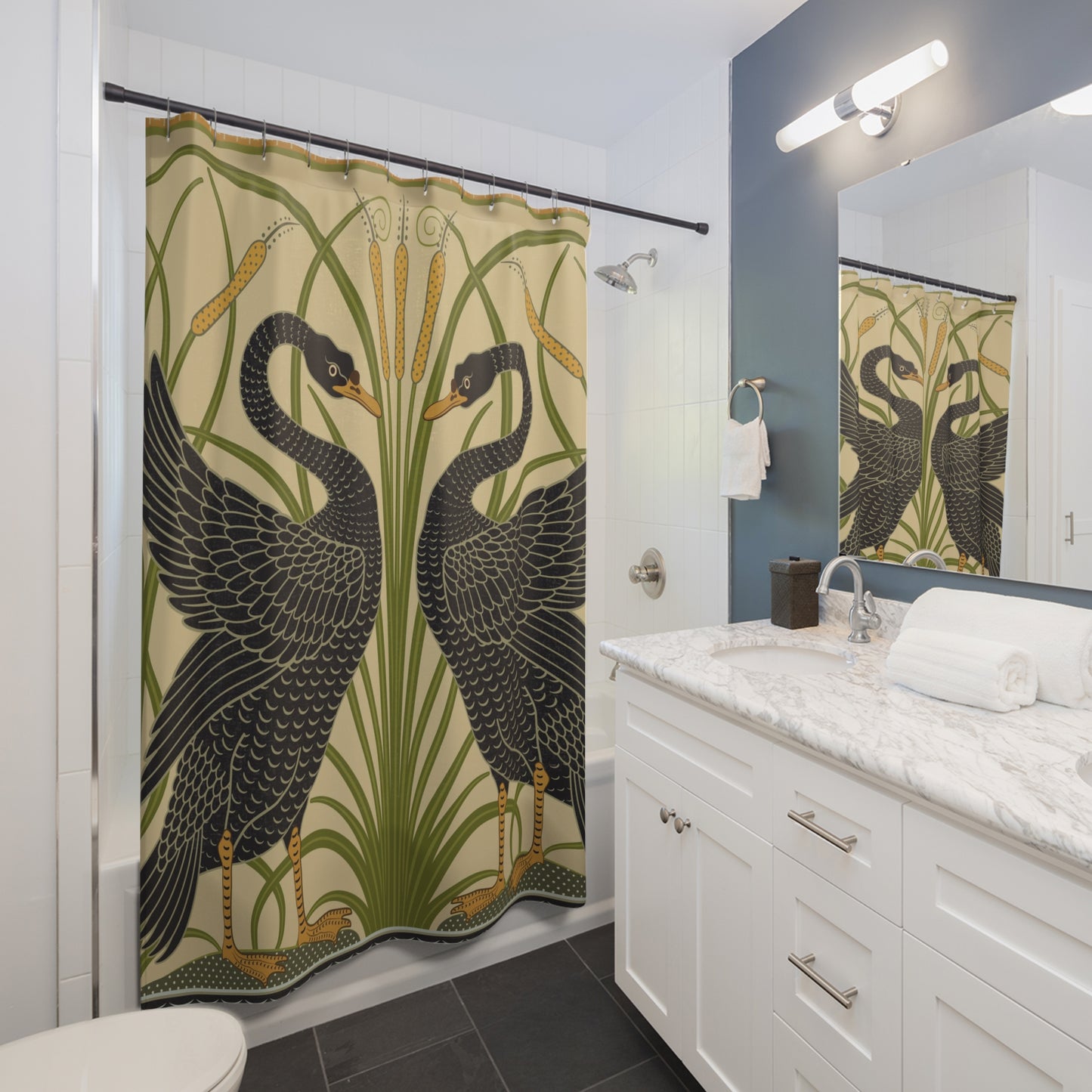 Bathroom with a decorative shower curtain featuring two geese and reeds.