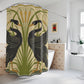 Shower curtain with black bird design in a bathroom setting