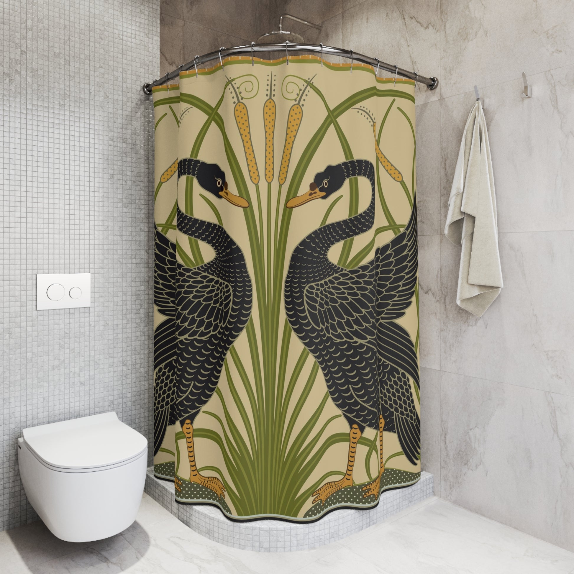 Shower curtain with black bird design in a bathroom setting