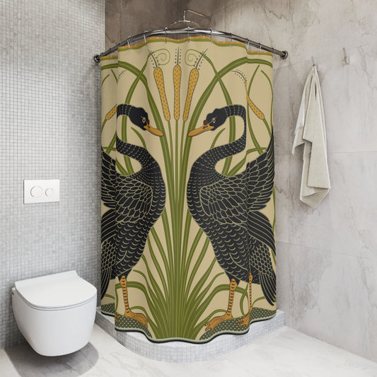Shower curtain with black bird design in a bathroom setting