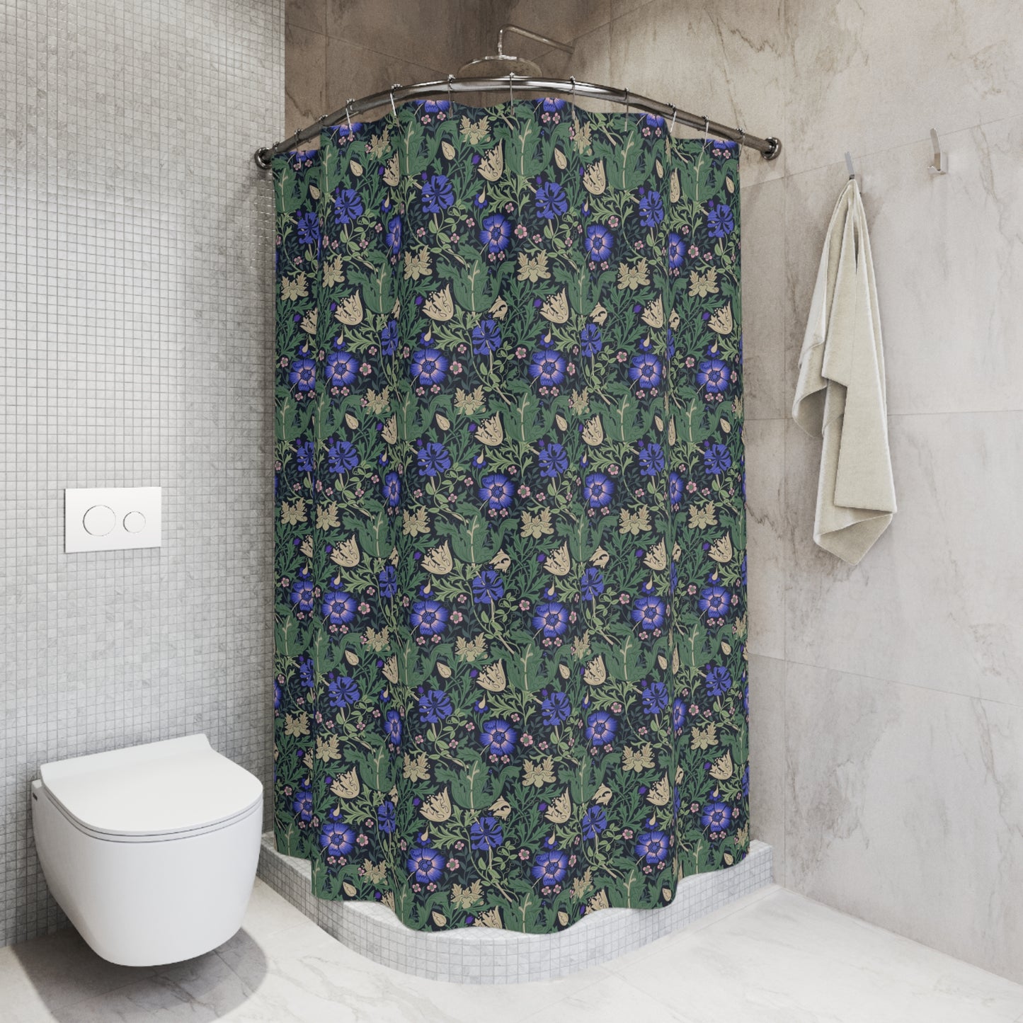 Shower curtain with geometric pattern in a bathroom setting