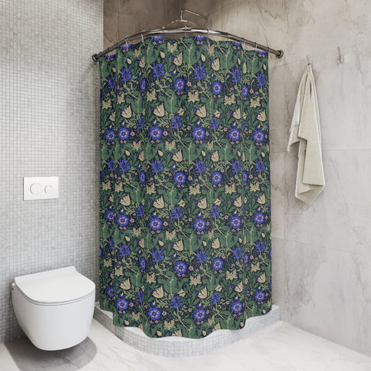 Shower curtain with geometric pattern in a bathroom setting