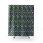 Floral patterned shower curtain with blue flowers on a green background