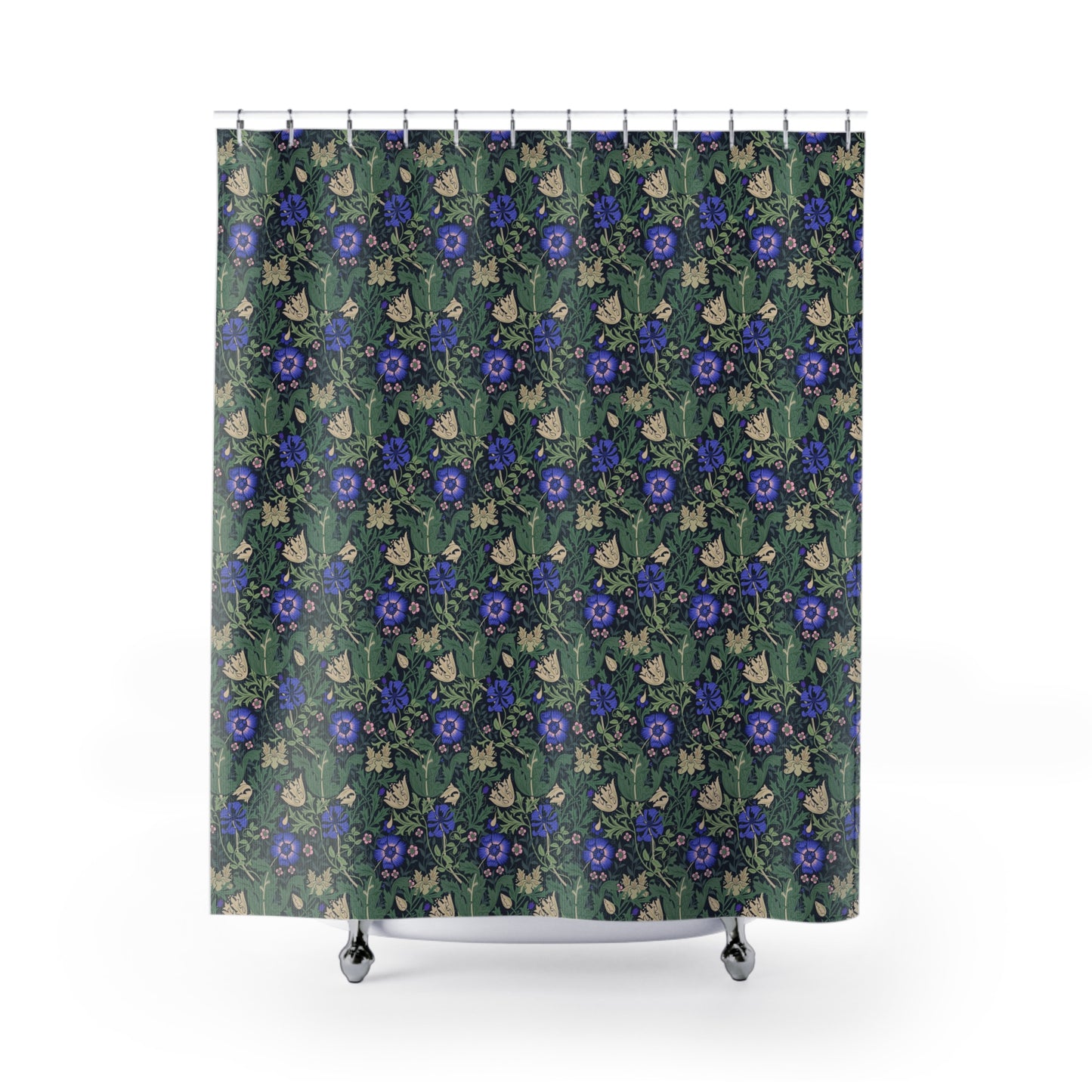 Floral patterned shower curtain with blue flowers on a green background
