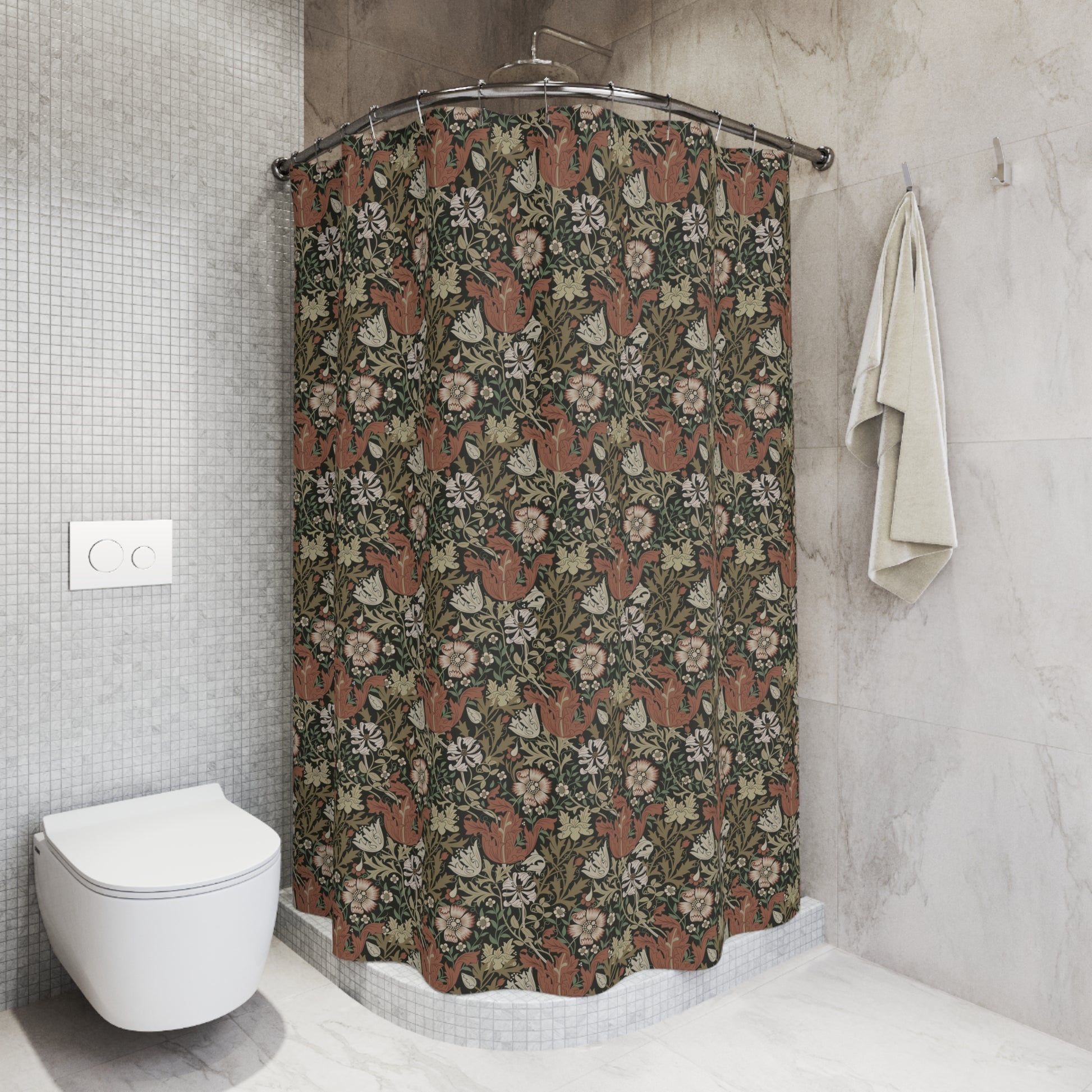 Shower curtain with geometric pattern in a bathroom setting