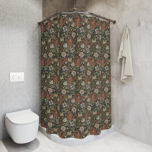 Shower curtain with geometric pattern in a bathroom setting