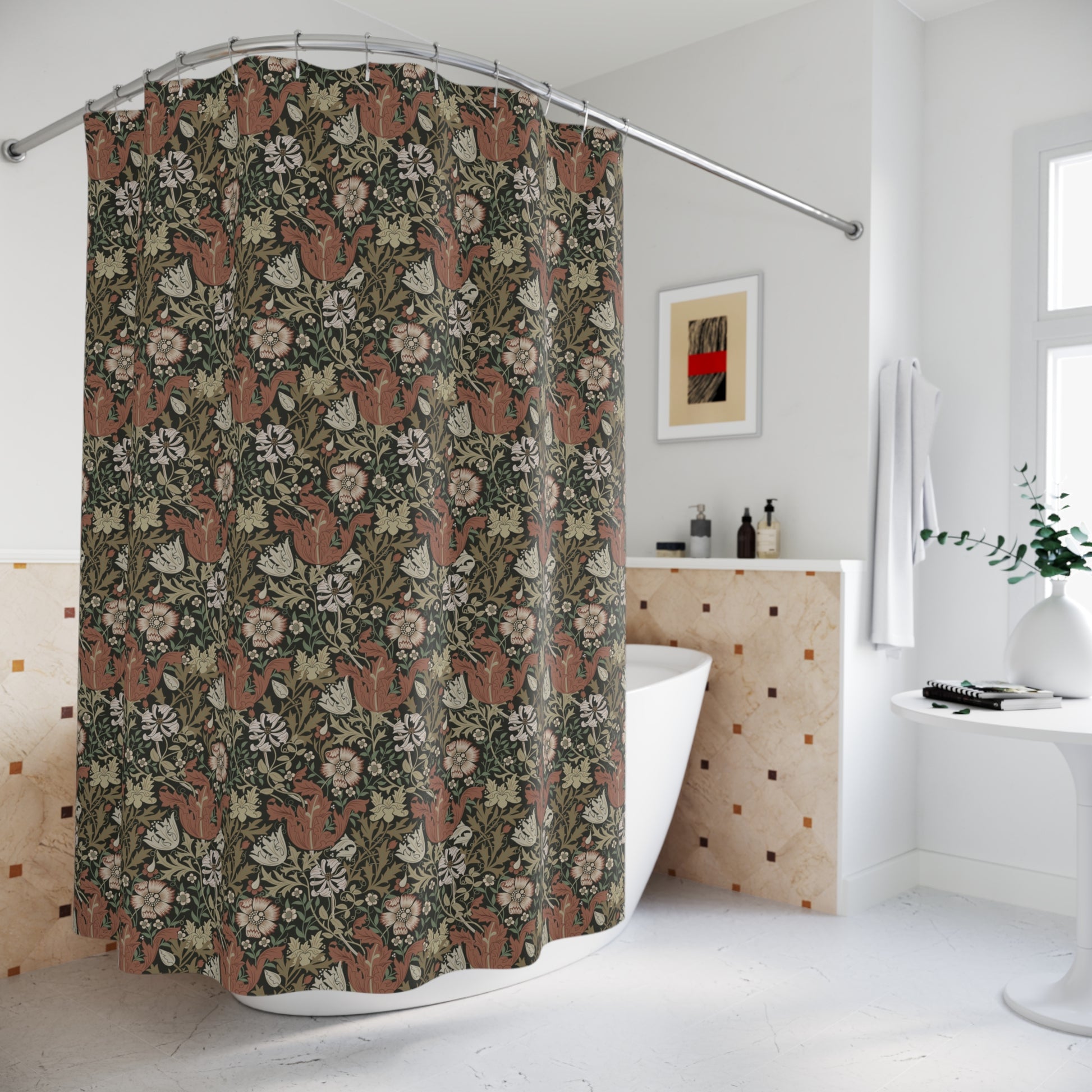 Patterned shower curtain in a bathroom setting with a bathtub and decorative elements.
