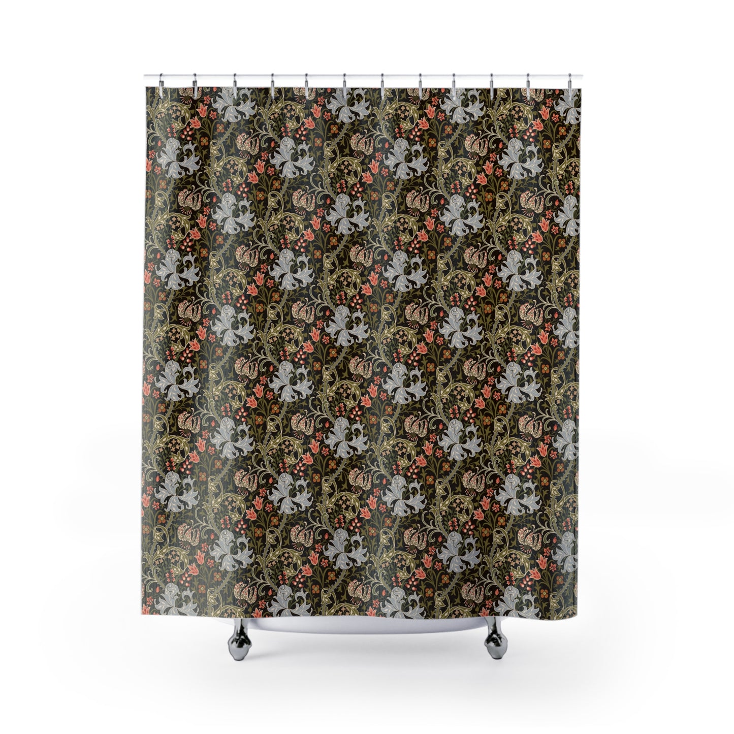 Shower curtain with floral and abstract pattern on a white background