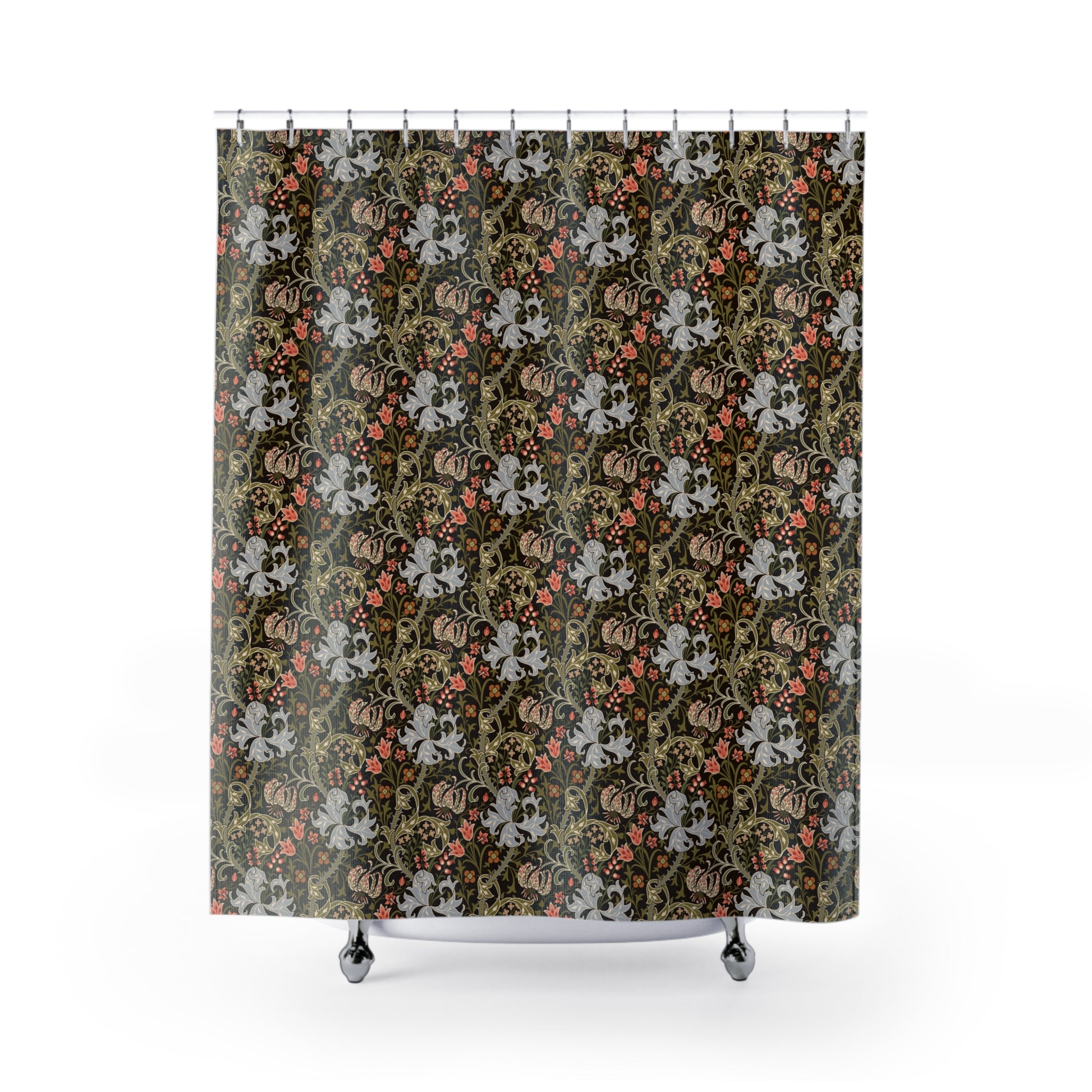 Shower curtain with floral and abstract pattern on a white background