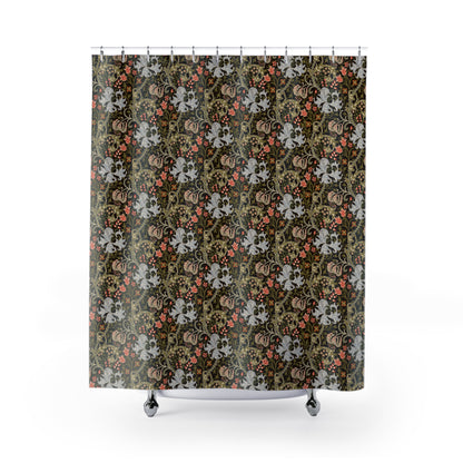Shower curtain with floral and abstract pattern on a white background