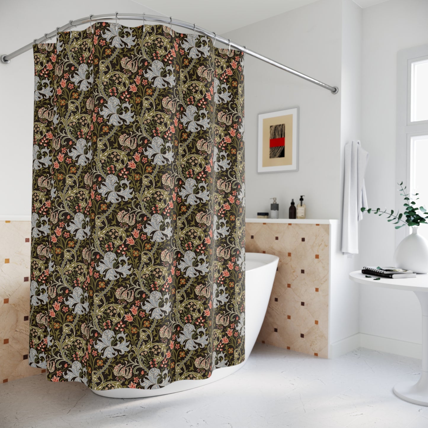 Patterned shower curtain in a bathroom setting with a bathtub and decorative elements.